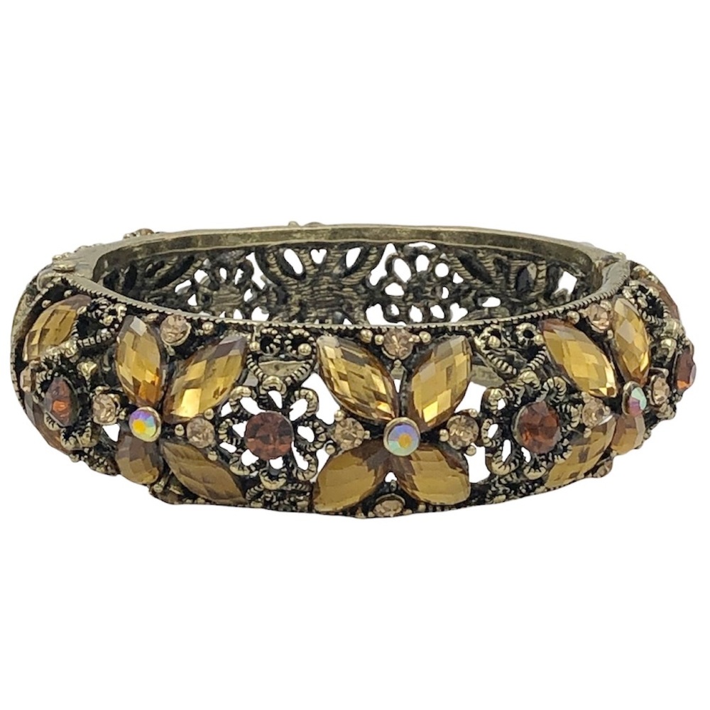 Brown Gem & Rhinestone Flower Filigree Statement Cuff Bangle Bracelet